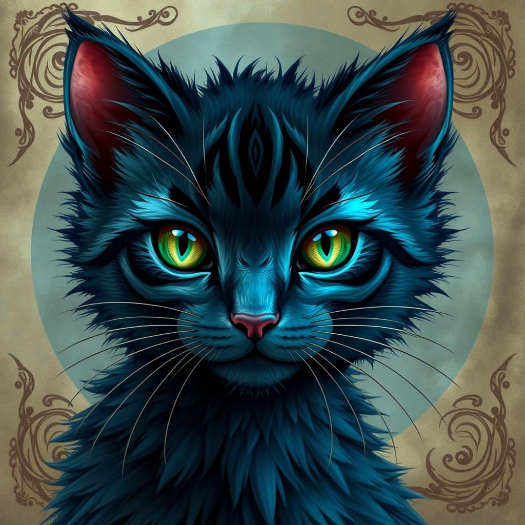 Dreamlike Feline Enchantress in Midnight Blue and Black