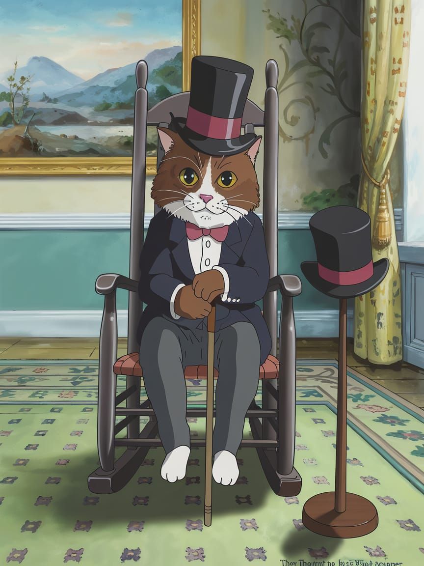 Whimsical Anime Cat Illustration with Top Hat