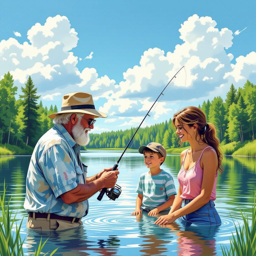 Family Fishing Trip on Summer Lake, Comic Book Style