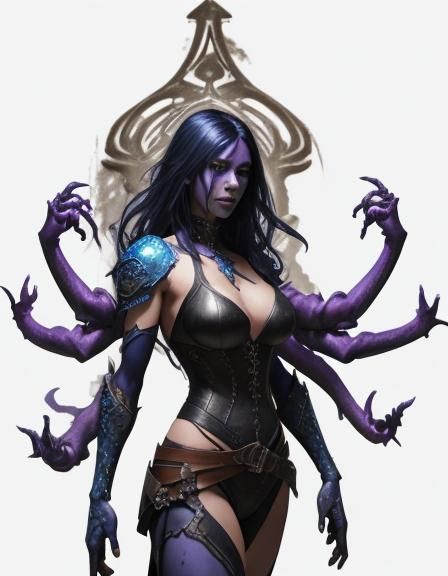 Six-Armed Blue Thief Concept Art in Dark Fantasy Style
