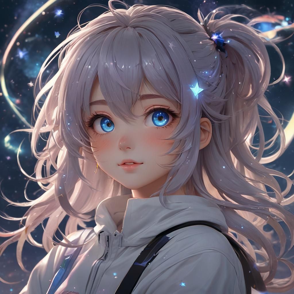 Anime Girl with Galaxy Hair and Starry Background