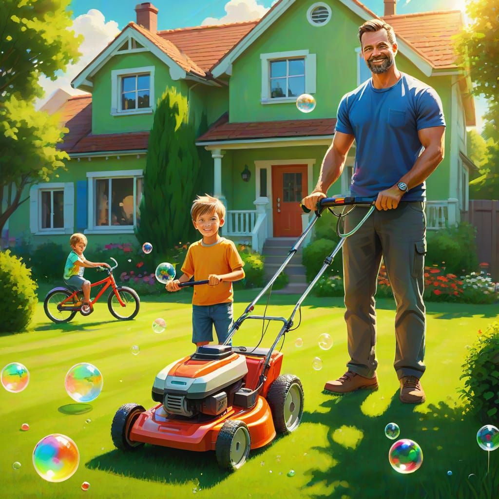 Heroic Dad with Lawnmower in Summer Garden