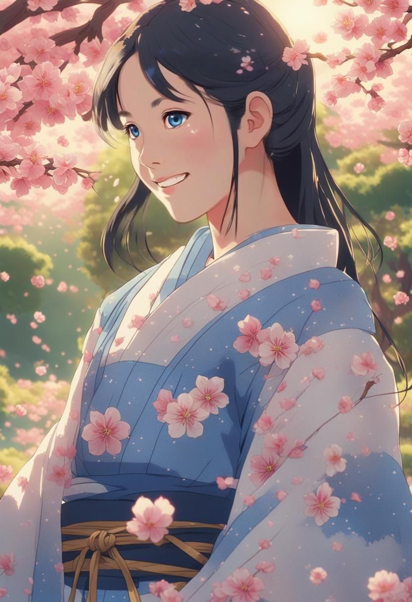 Girl in Kimono Under Cherry Blossom Tree, Anime Style