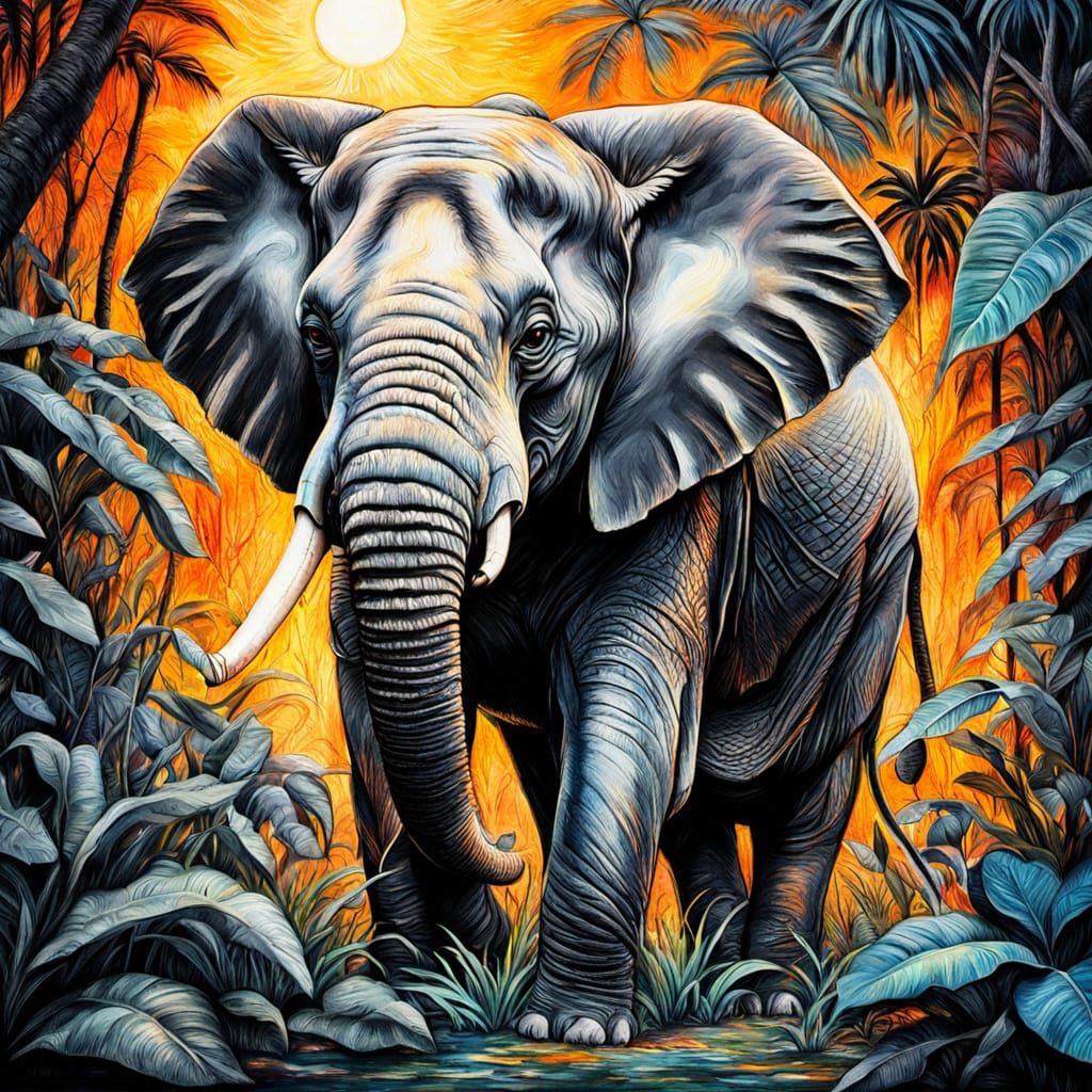 Elephant in Jungle: Impressionist Charcoal and Watercolor