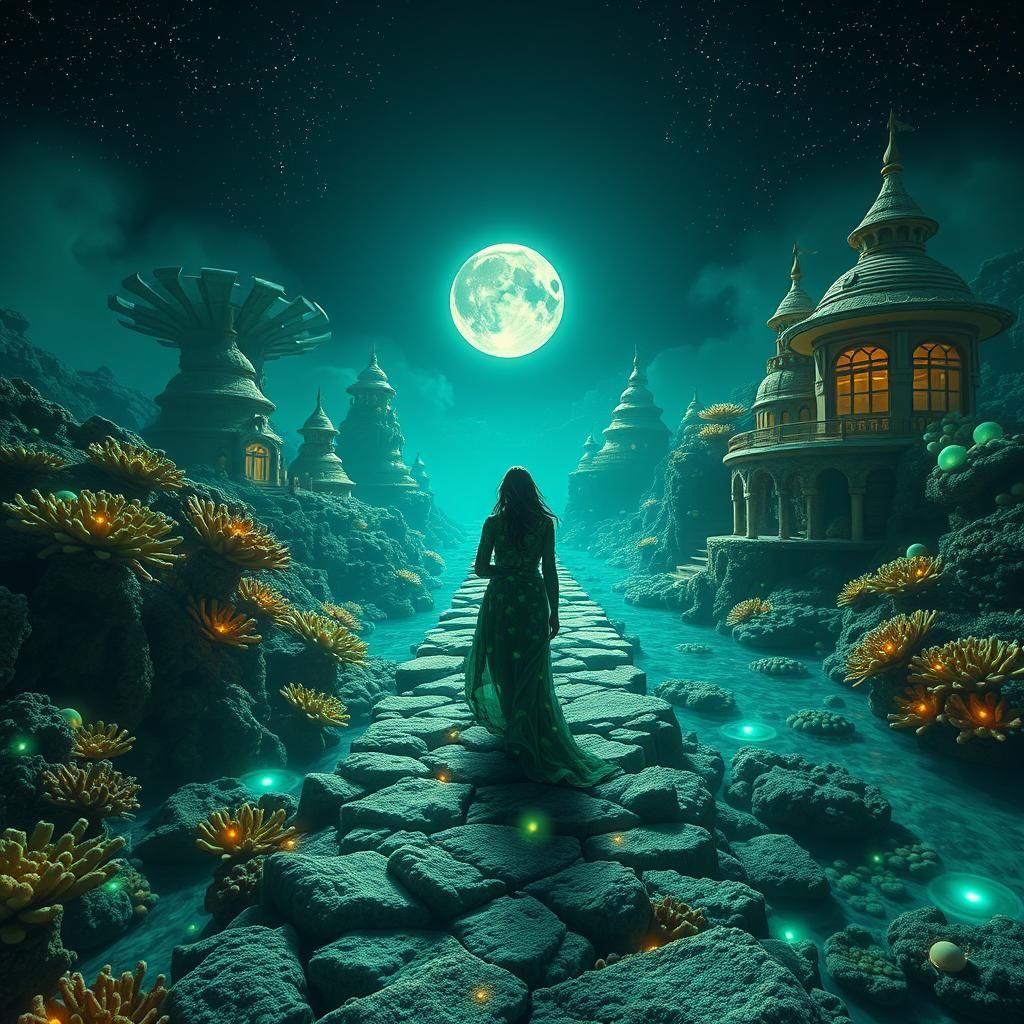 Ethereal Figure in Bioluminescent Underwater City
