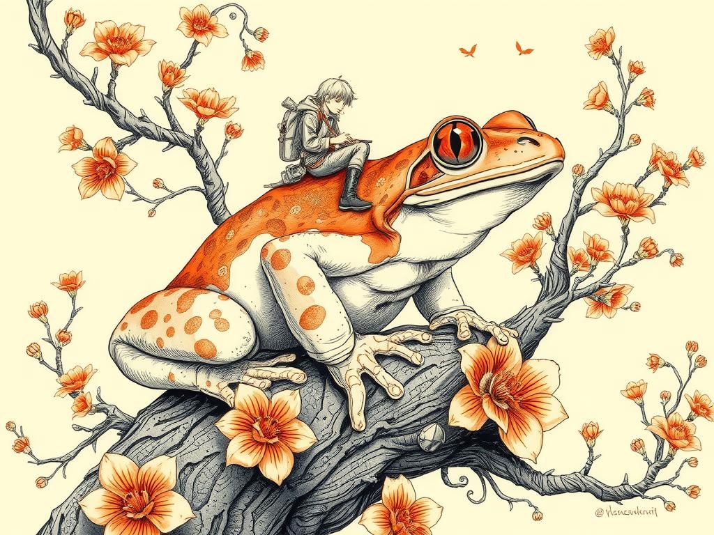Tiny Adventurer on Frog in Orange Fantasy