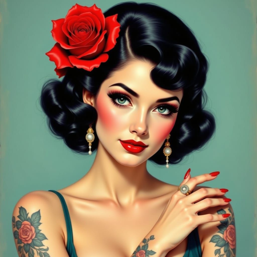 Vintage Pin-Up Woman With Red Rose and Glamorous Makeup