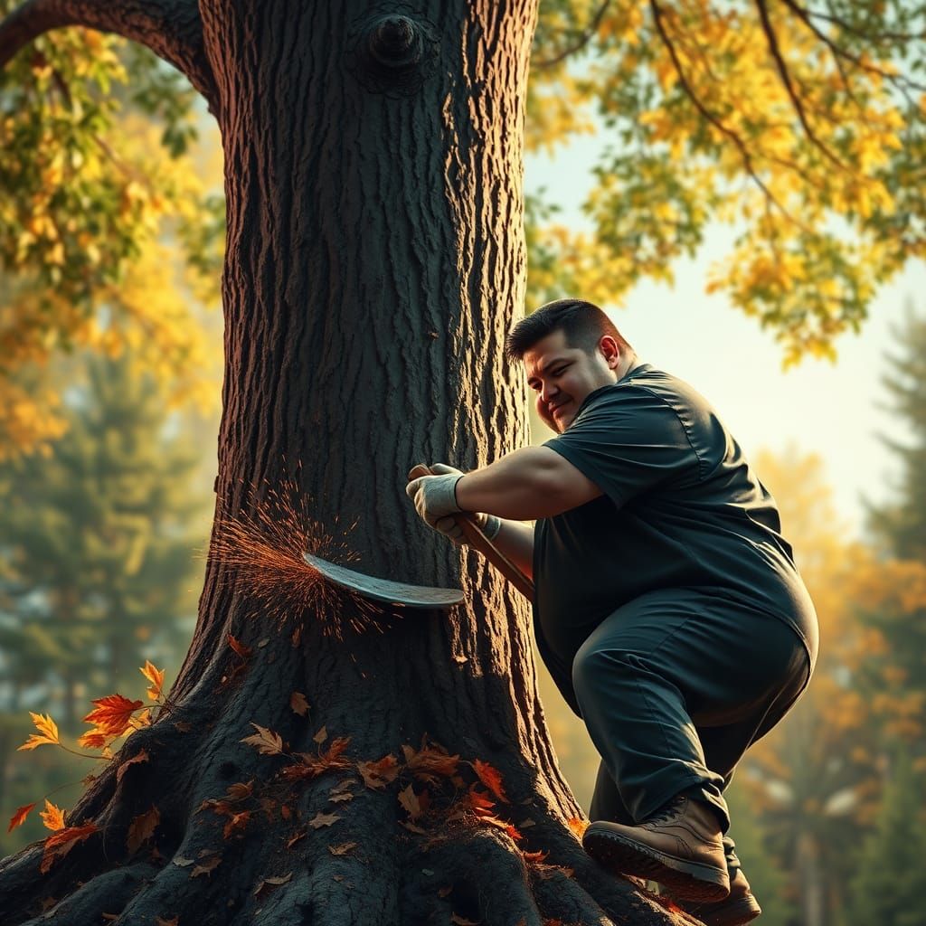 Man Cutting Tree in Hyperrealistic Style