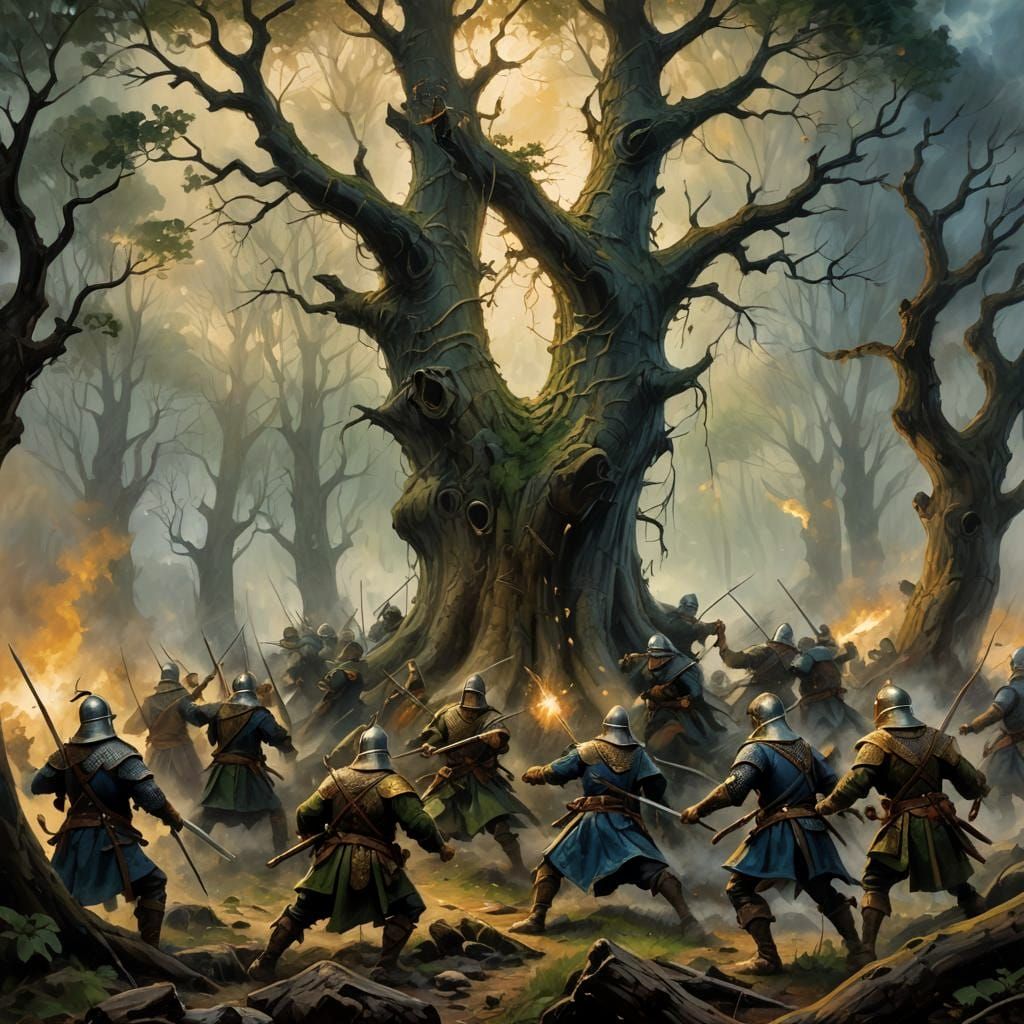 Epic Battle of Cad Goddeu: Anime Oil Painting