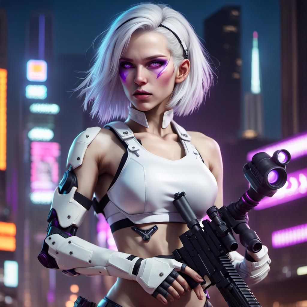 Female Cyborg Sniper in Cyberpunk 2077 City