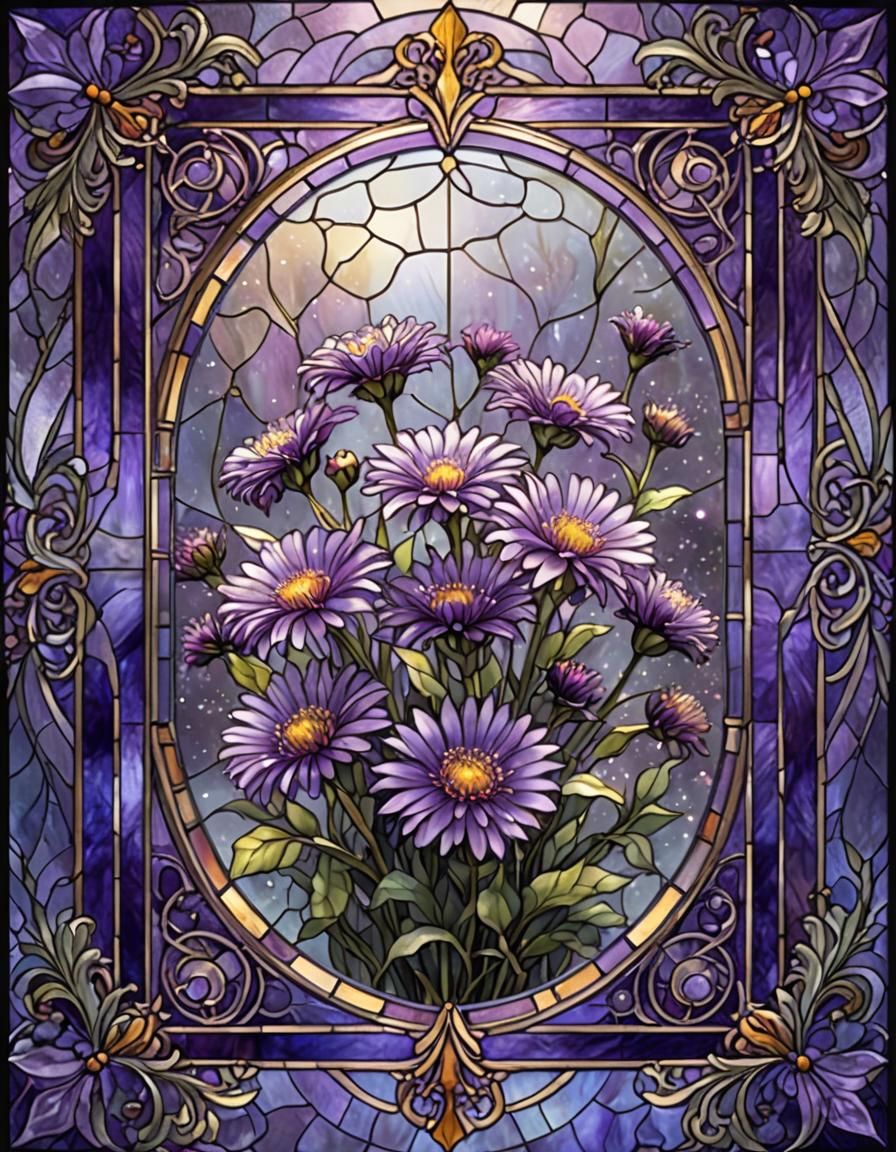 Purple Aster in Stained Glass Fantasy Art