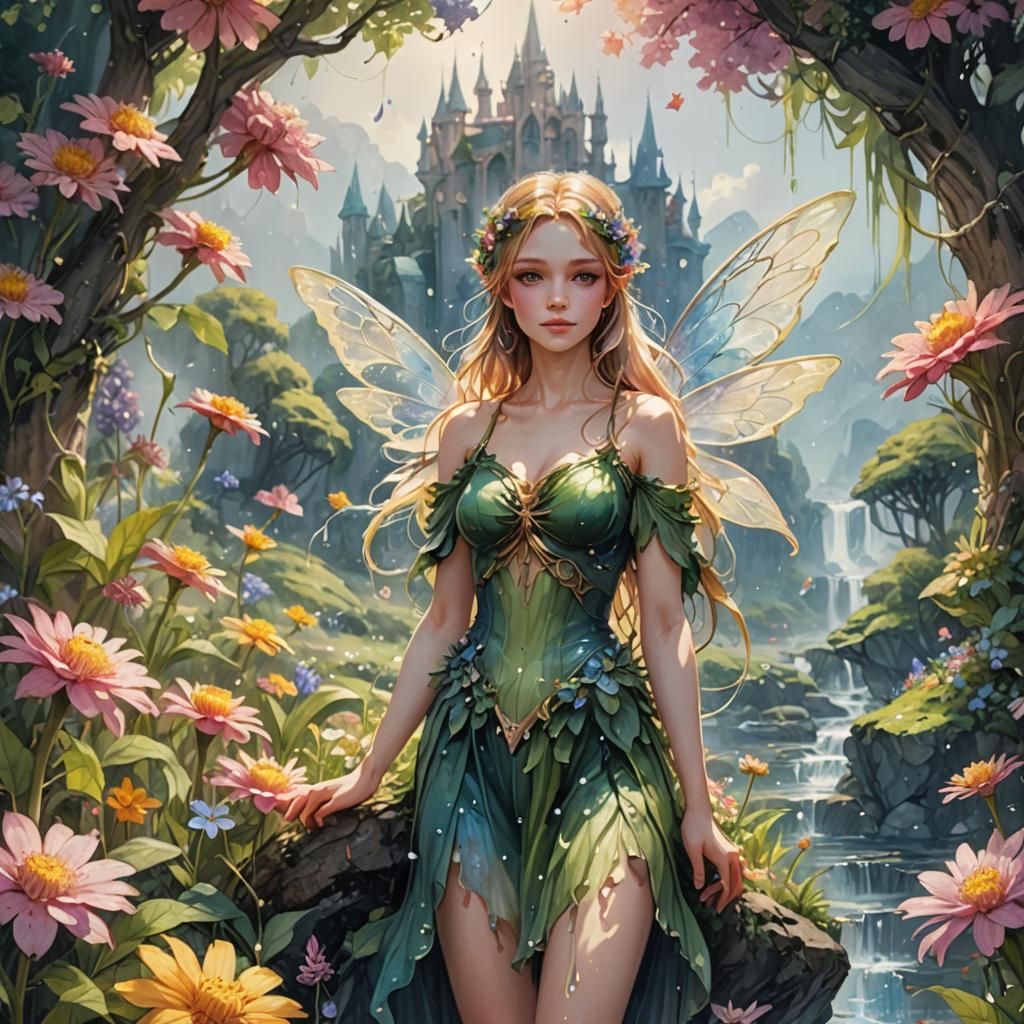 Fairy and Flowers in Sunny Watercolor Landscape