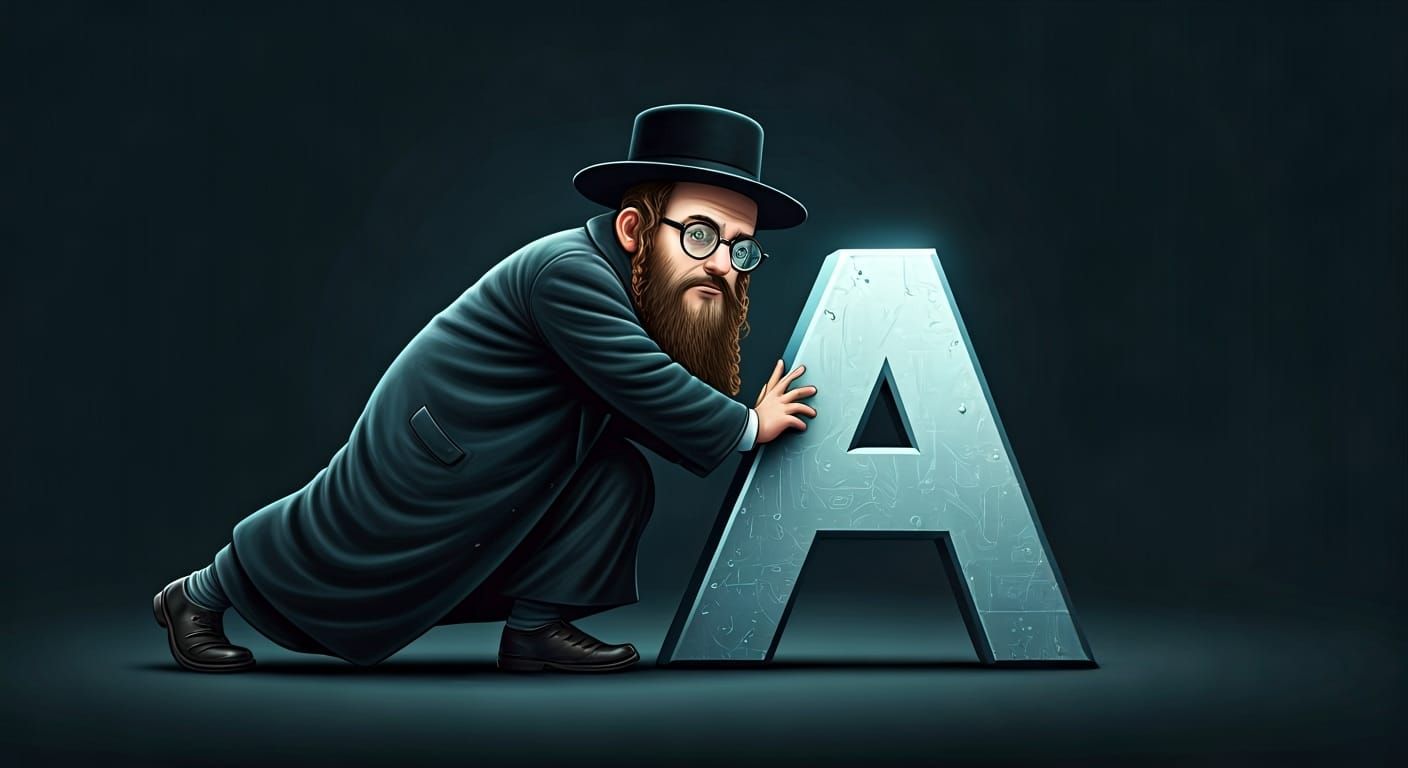 Playful Hasidic Character Pushing Metallic Letter in Comic S...