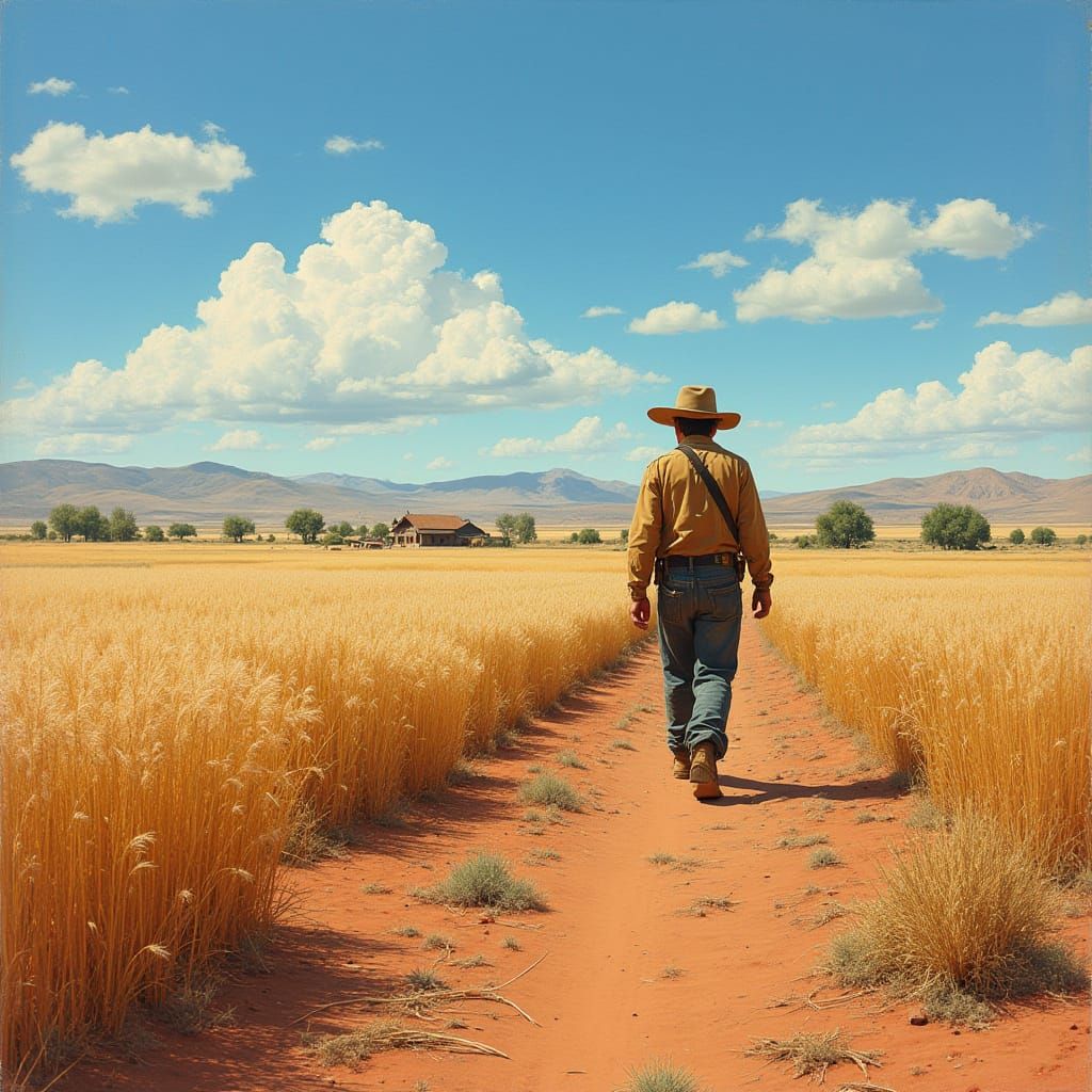A Lone Farmer Walks Through Arid Landscape in Earthy Tones