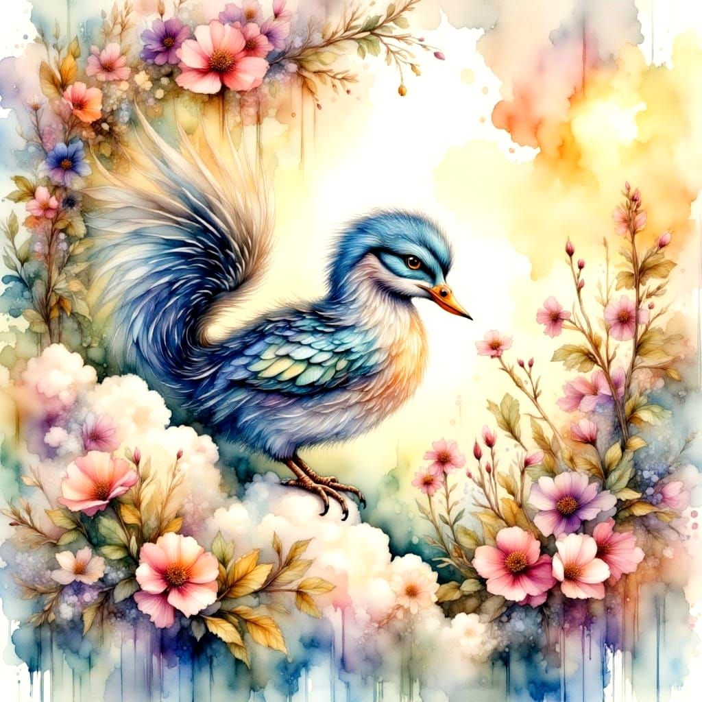 Ethereal Figure Floating in Watercolor Clouds