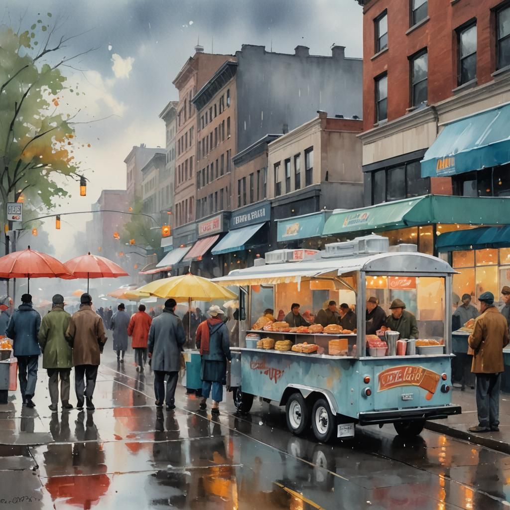 Impressionist Food Truck Scene in Watercolor Style