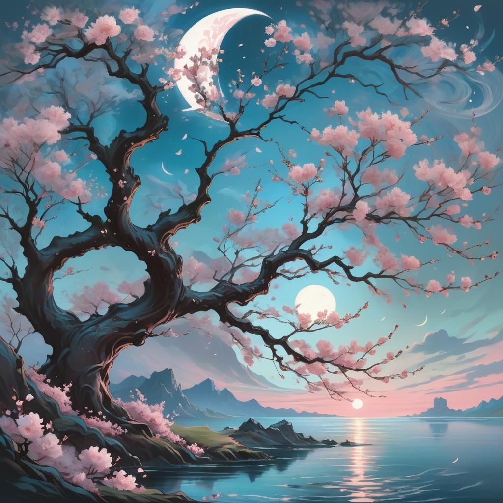 Ethereal Cherry Blossom Tree in Alphonse Mucha Style