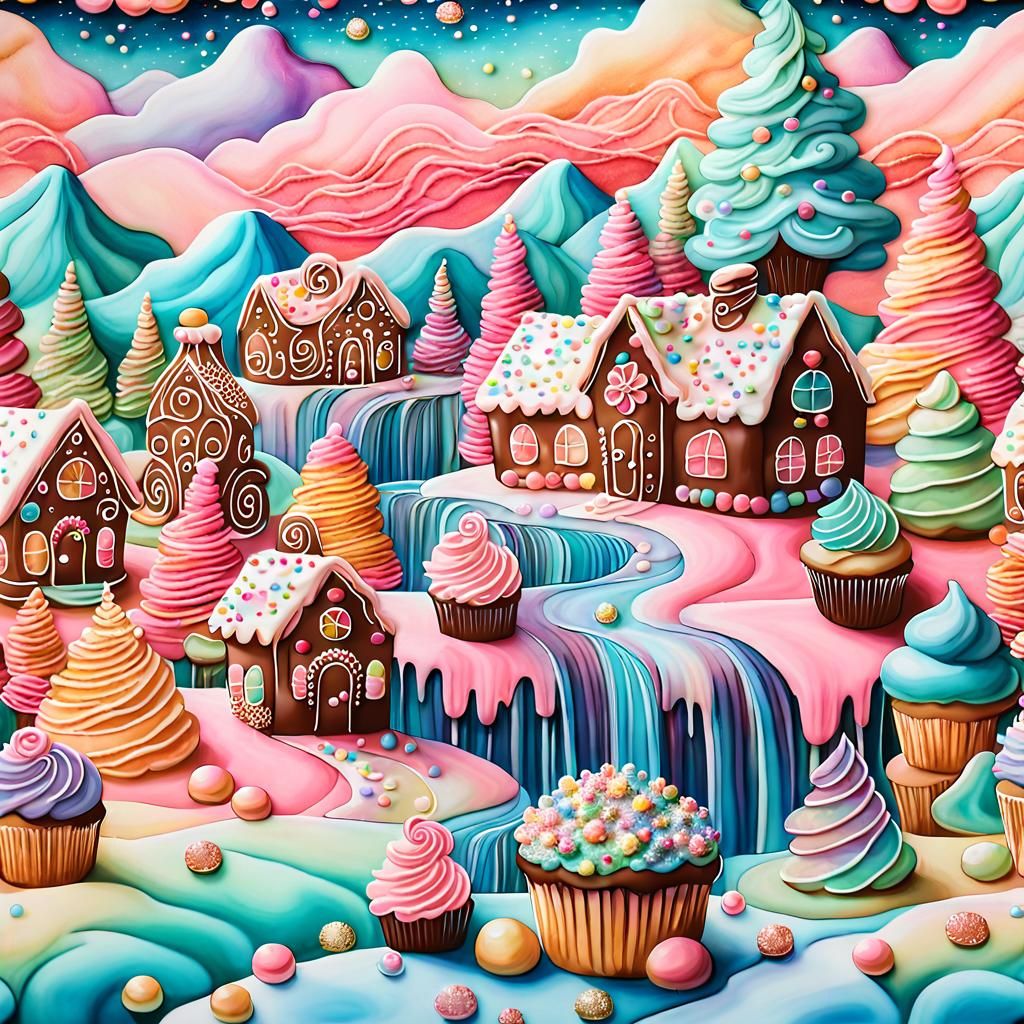 Whimsical Candy Landscape with Gingerbread House in 3D