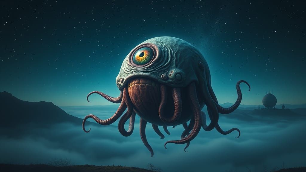 Cosmic Tentacle Monster with Single Eye on Starry Night