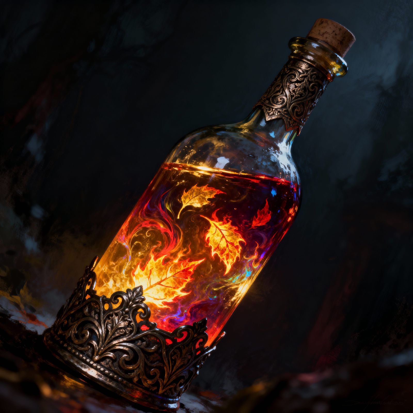 Ornate Wine Bottle With Fiery Liquid & Leaf Motifs
