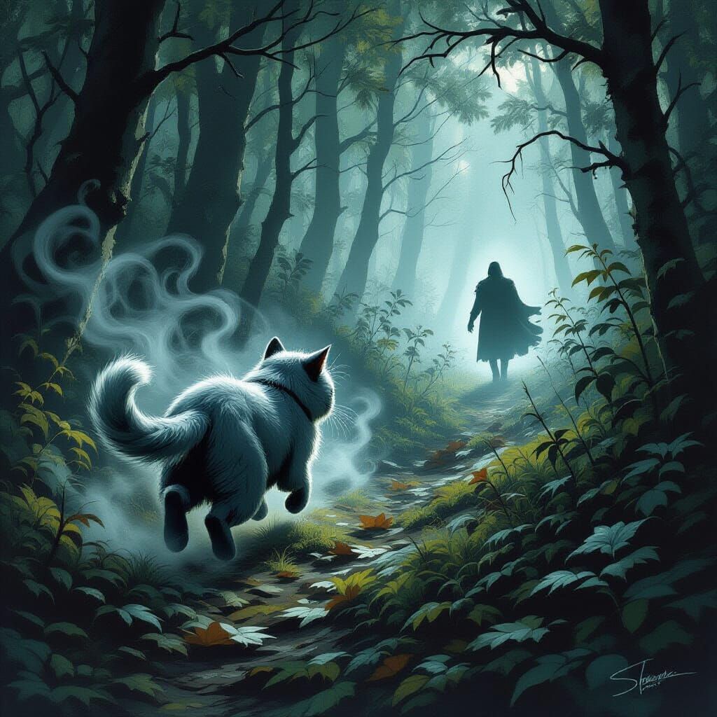Ghostly Cat Streaking Through Dark Fantasy Forest