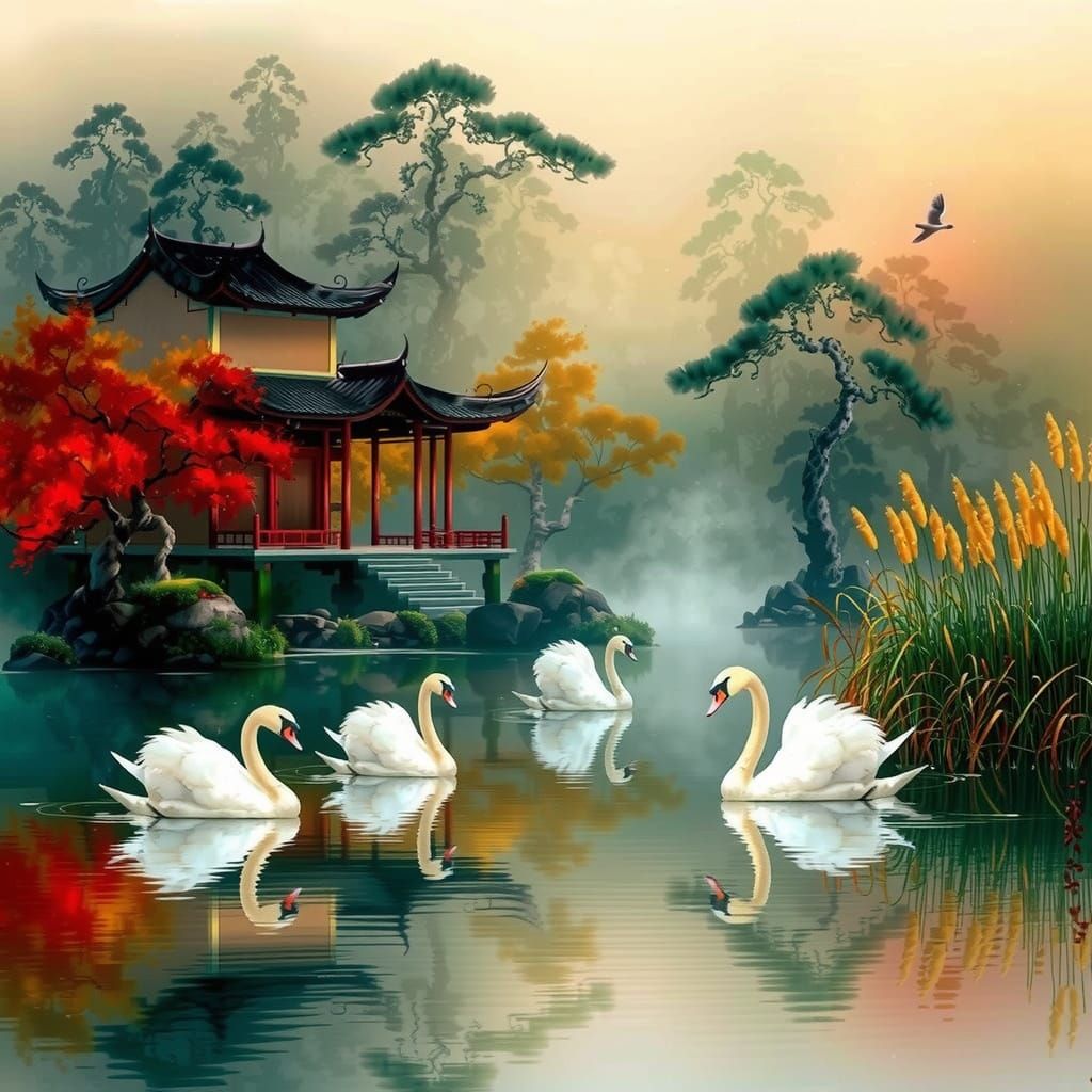 Peaceful Asian Water Scene with Swans and Japanese House