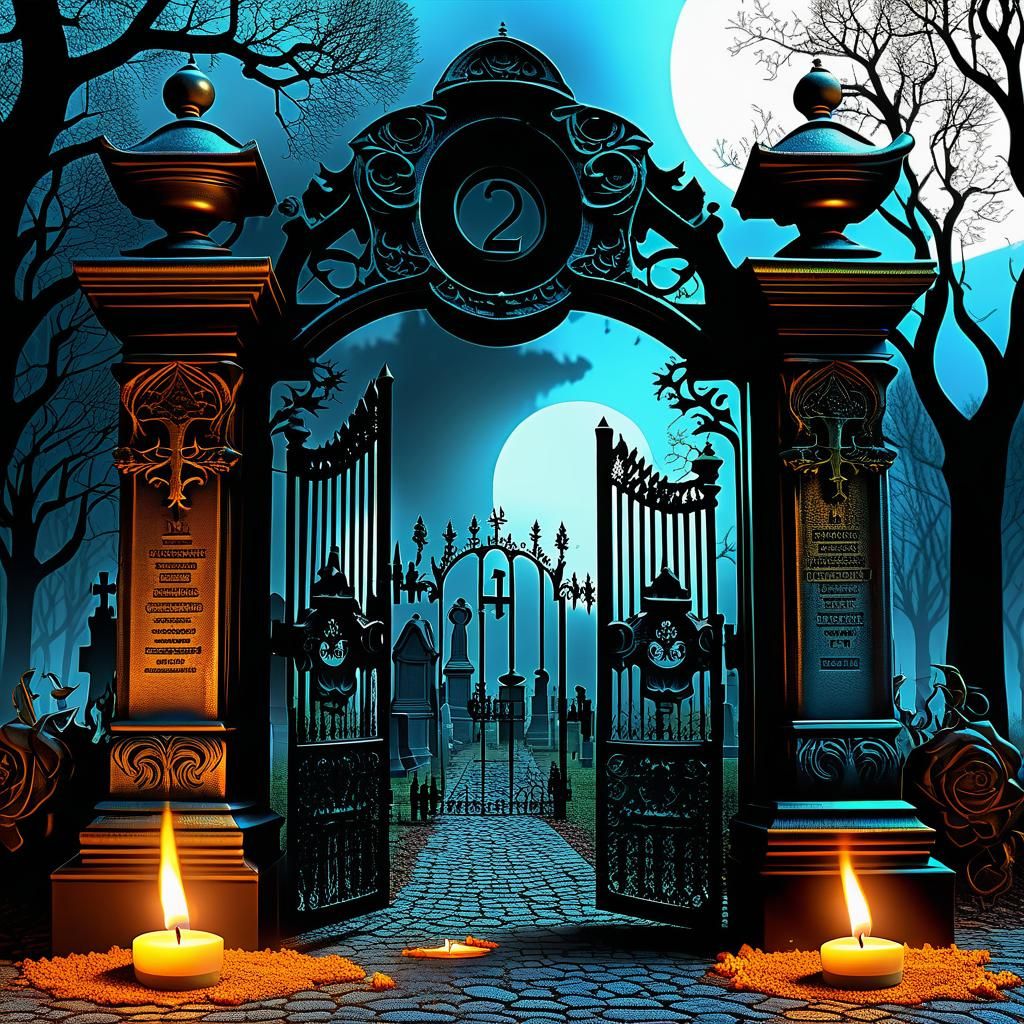 Mandelbulb Fractal Cemetery Gate with Hourglasses