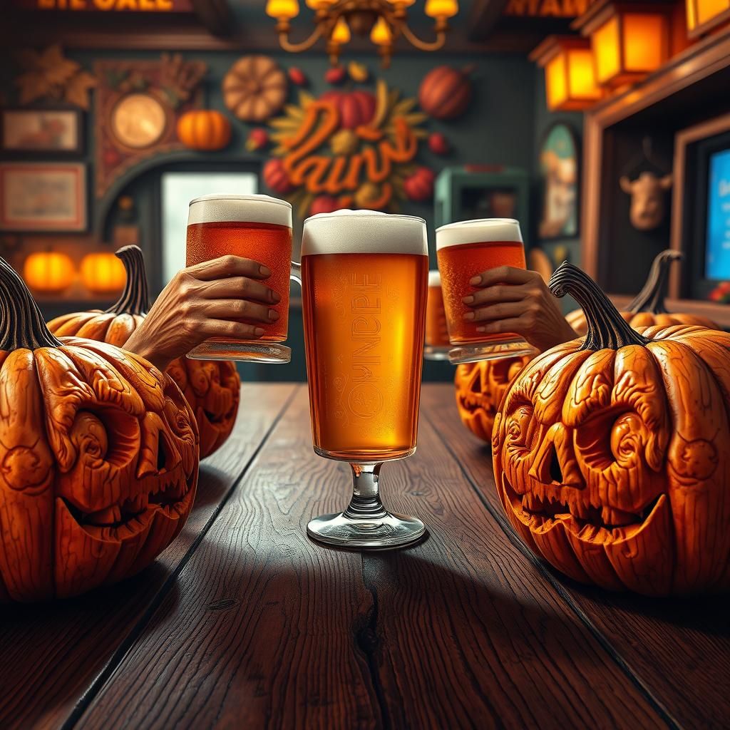 Pumpkins Enjoying Pumpkin Beer in Autumn Pub