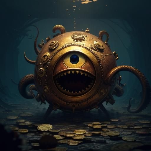 Kraken Beholder Amidst Gold Coins