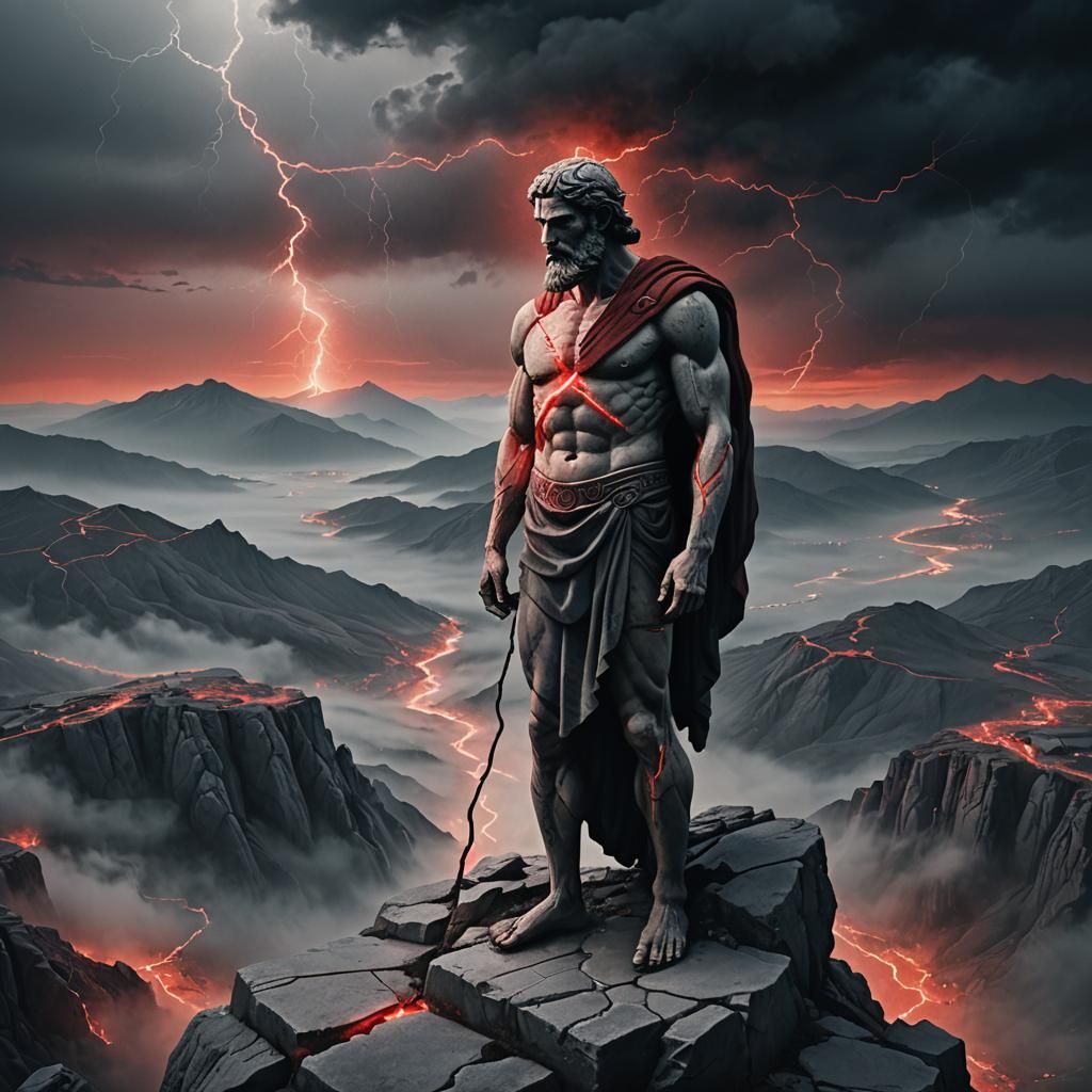 Stone Greek Stoic in Red Lightning Storm
