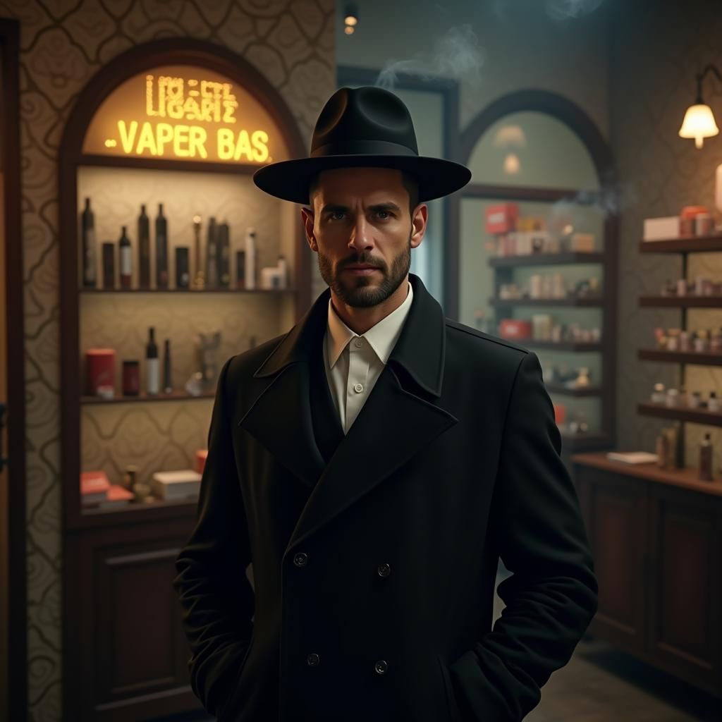 Haredi Man in Vape Store, Matte Painting Style