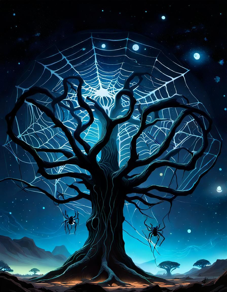 Bioluminescent Spiderweb Tree on Alien Planet