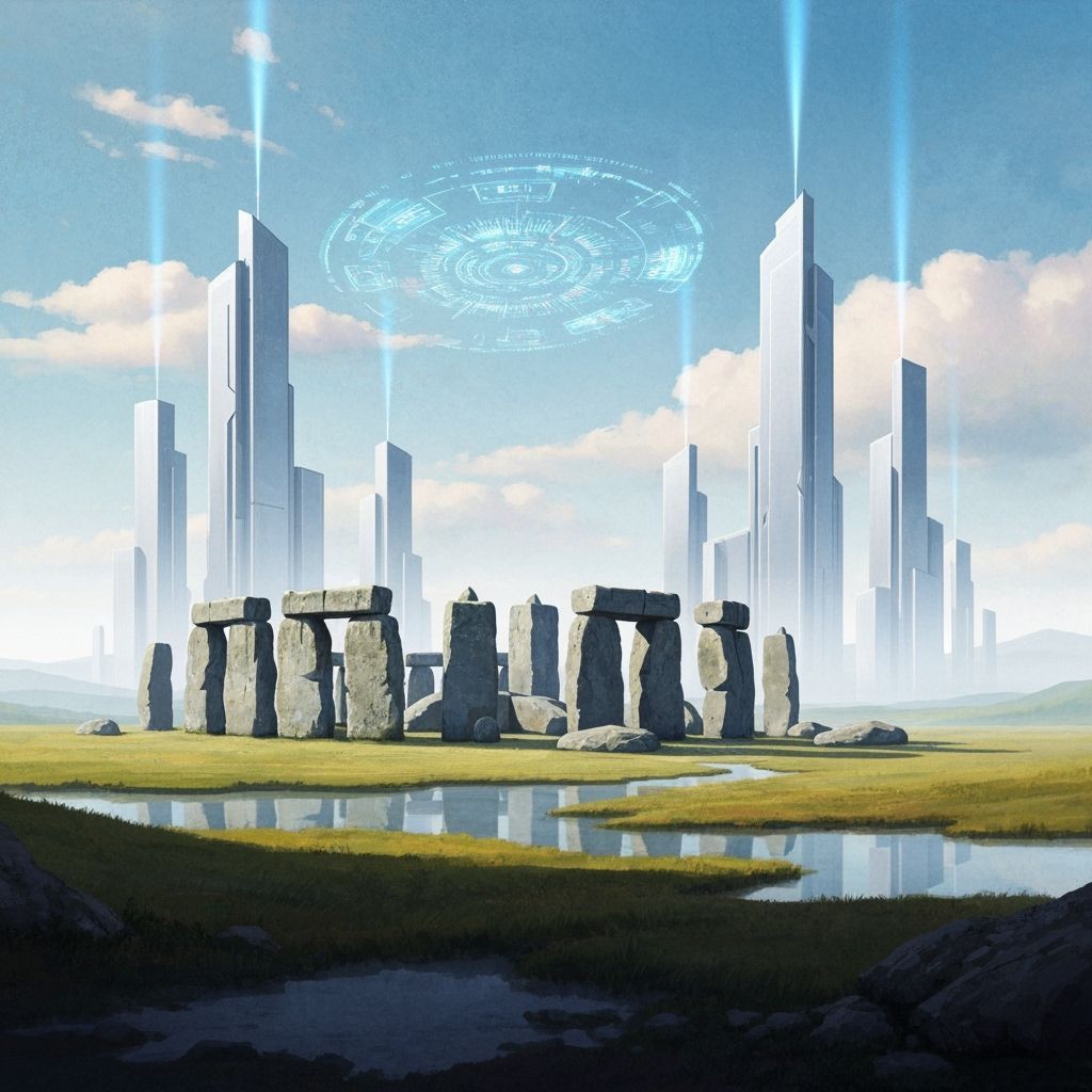 Stonehenge and Skyscrapers in a Surreal Concept Art