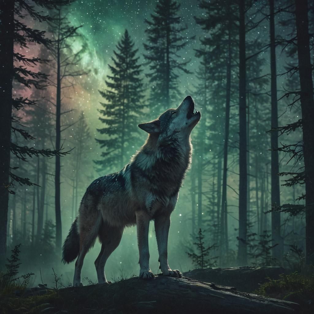 Cosmic Wolf Howling in Misty Forest: Digital Art