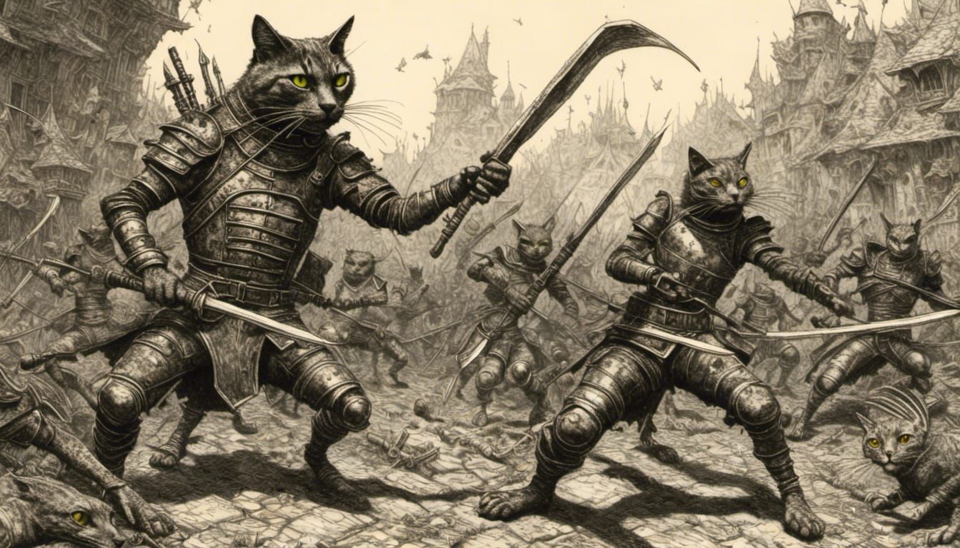 Cat Warriors vs Lizard Warriors in Fantasy Battle