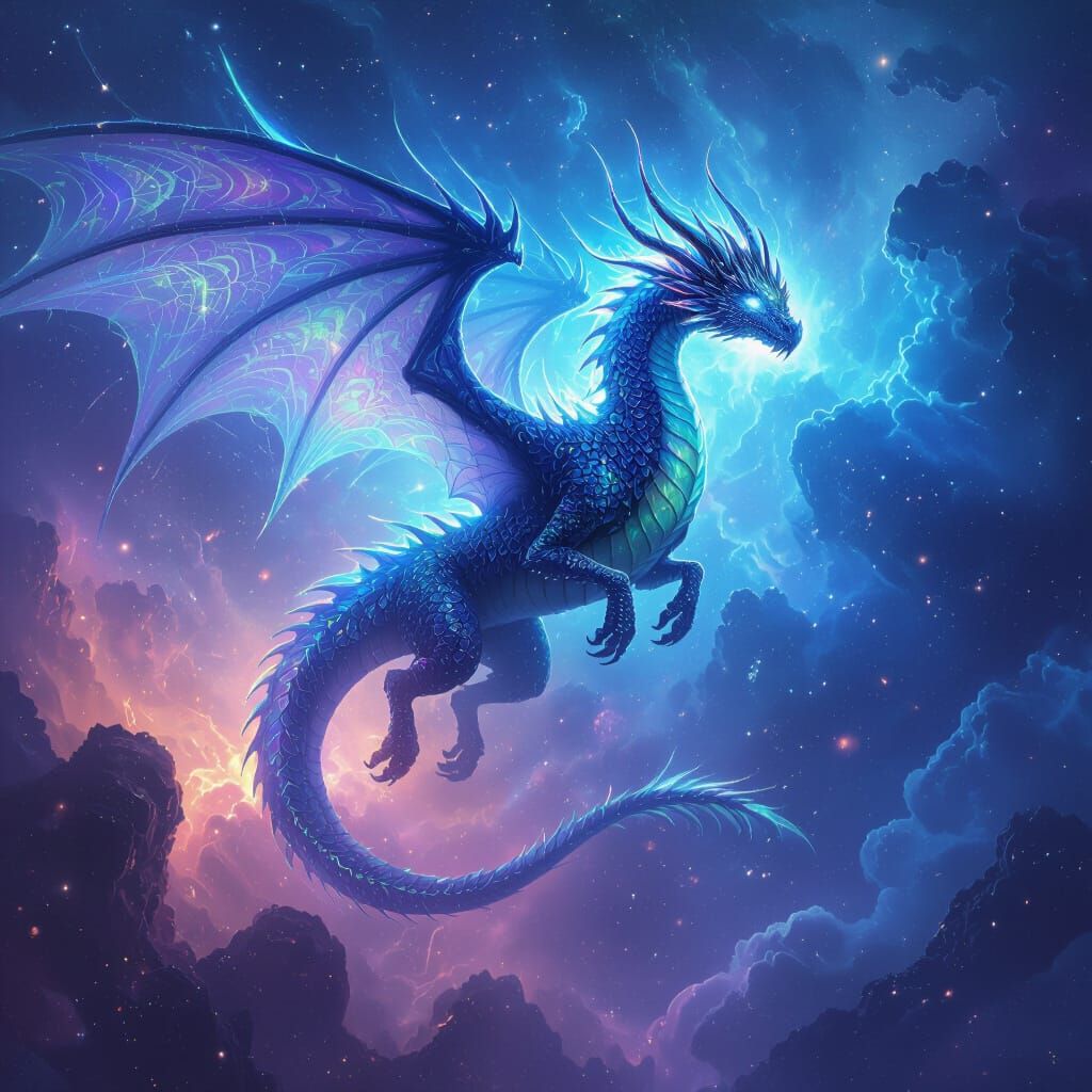 Bioluminescent Dragon Soaring Through a Vibrant Nebula