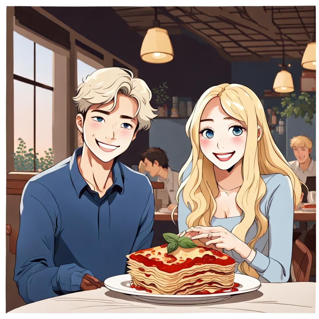 Loving Couple Shares Lasagna at Cozy Restaurant