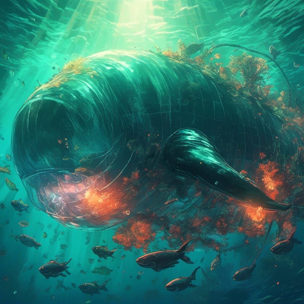 Underwater Glass Whale in Bioluminescent Sea