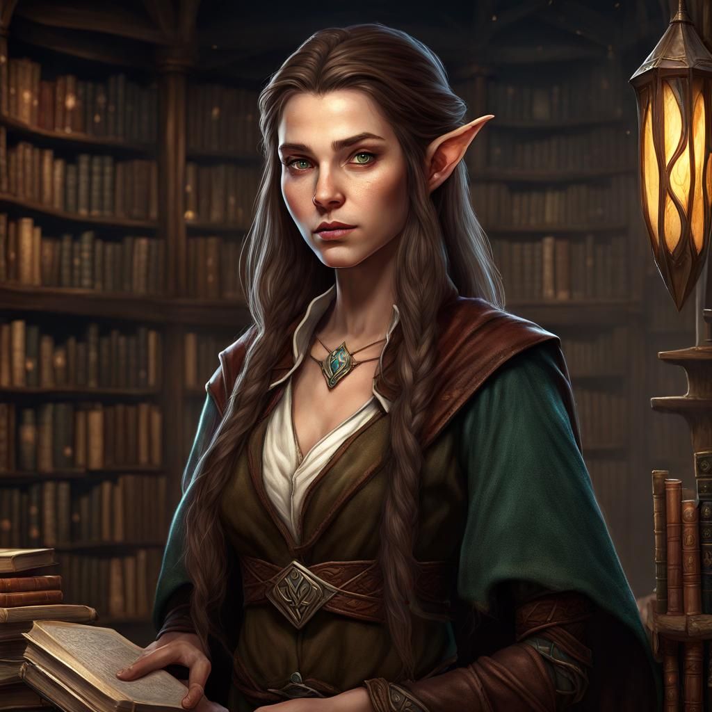 Half Elf Wizard Portrait in Bookstore, Fantasy Art