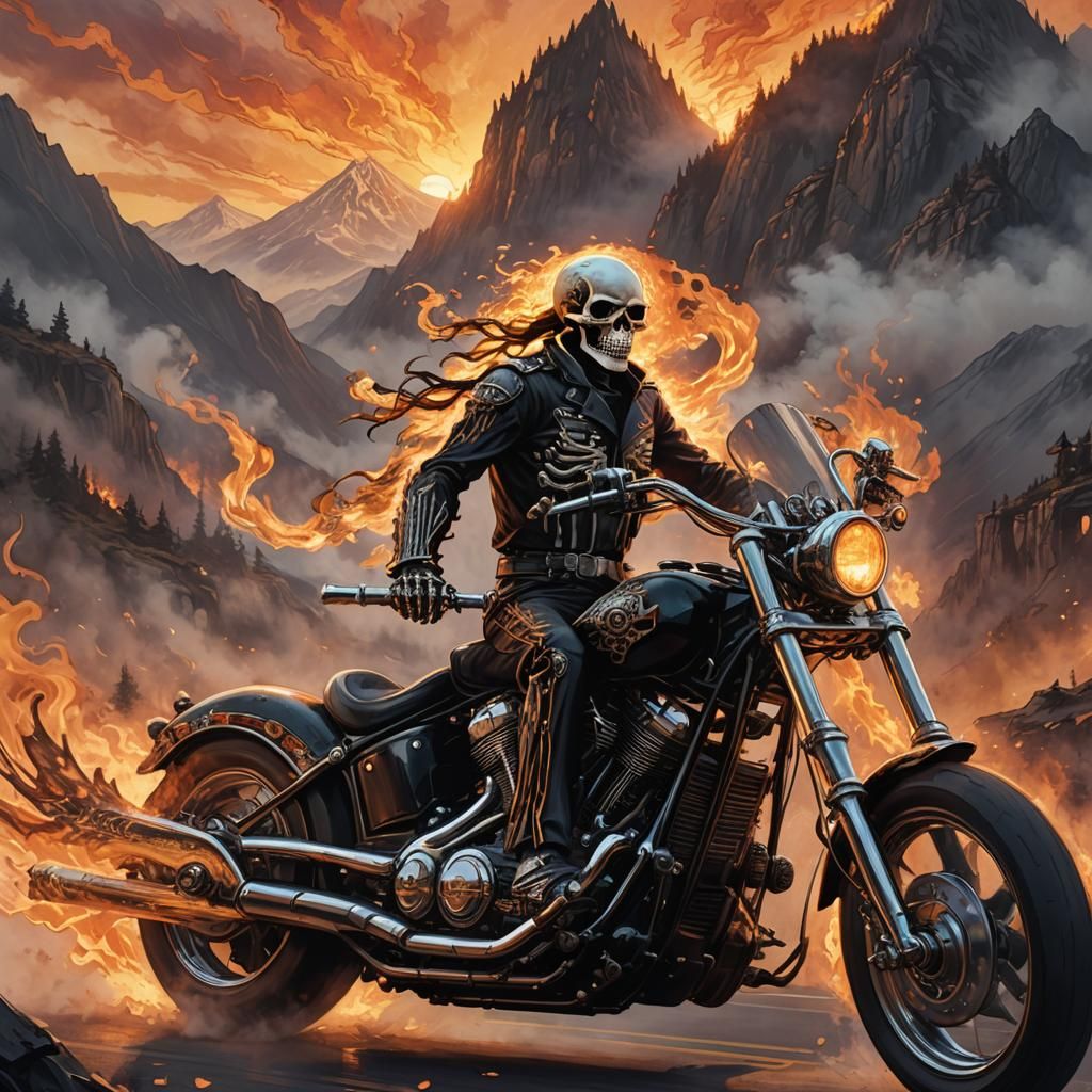 Skeleton Rider on Motorcycle in Mystical Landscape