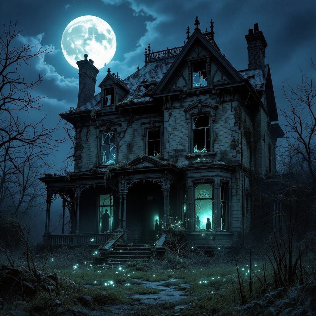 Eerie Victorian Mansion Under Full Moon, Gothic Horror