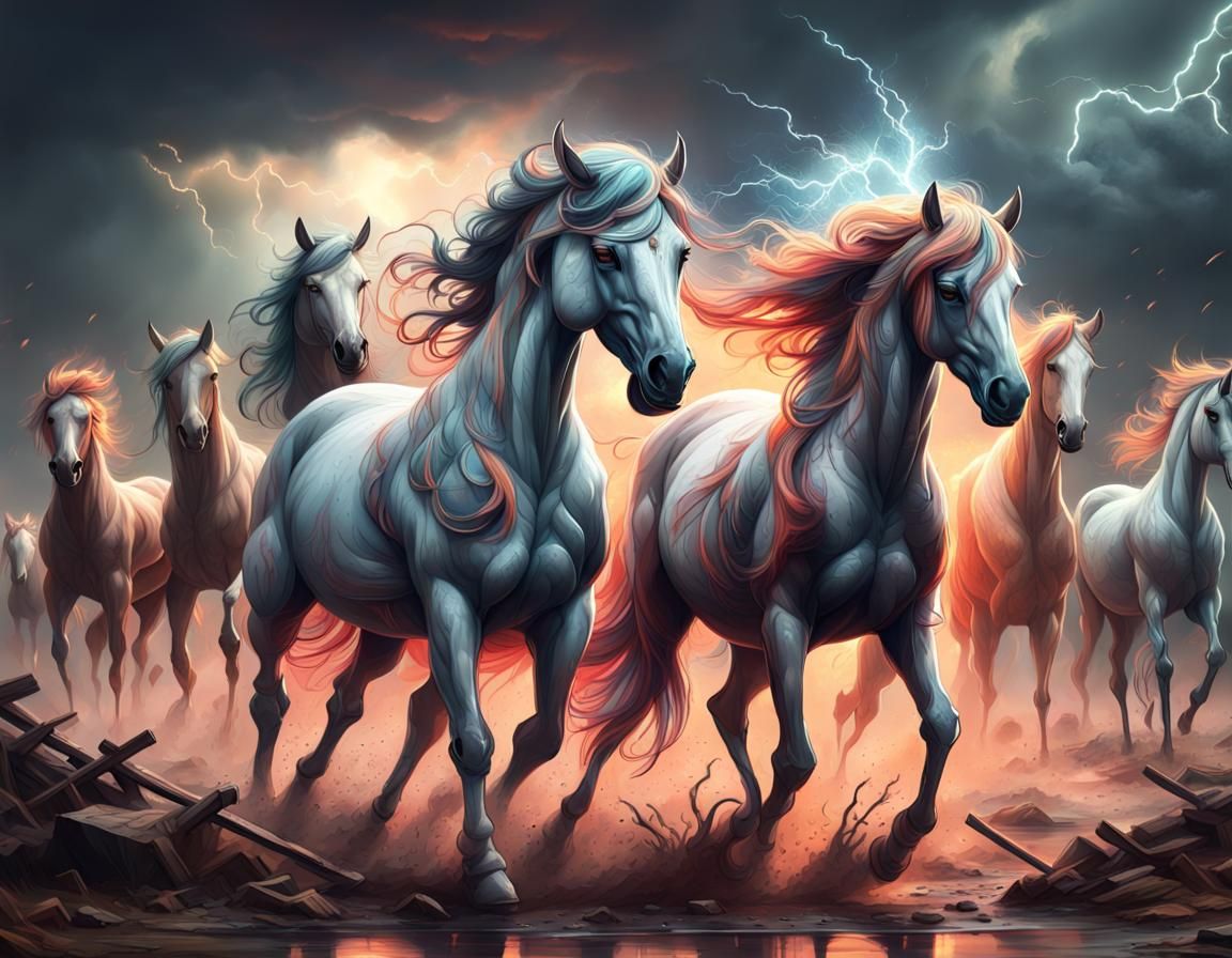 The horses of the Apocalypse,  colorful hyperdetailed light dust magnificent mysterious post-apocalyptic digital art tre...