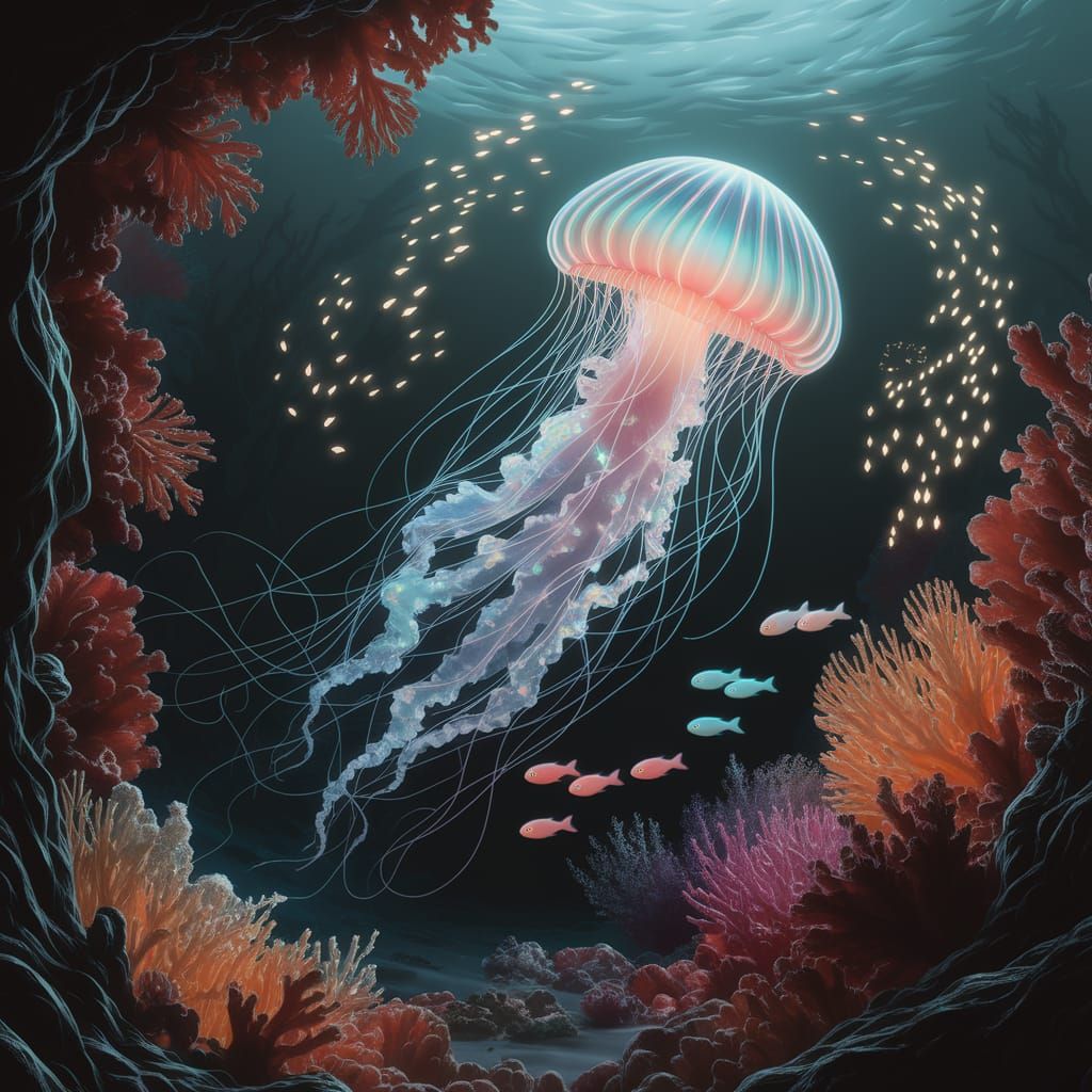 Bioluminescent Jellyfish Drifting Through Alien Ocean