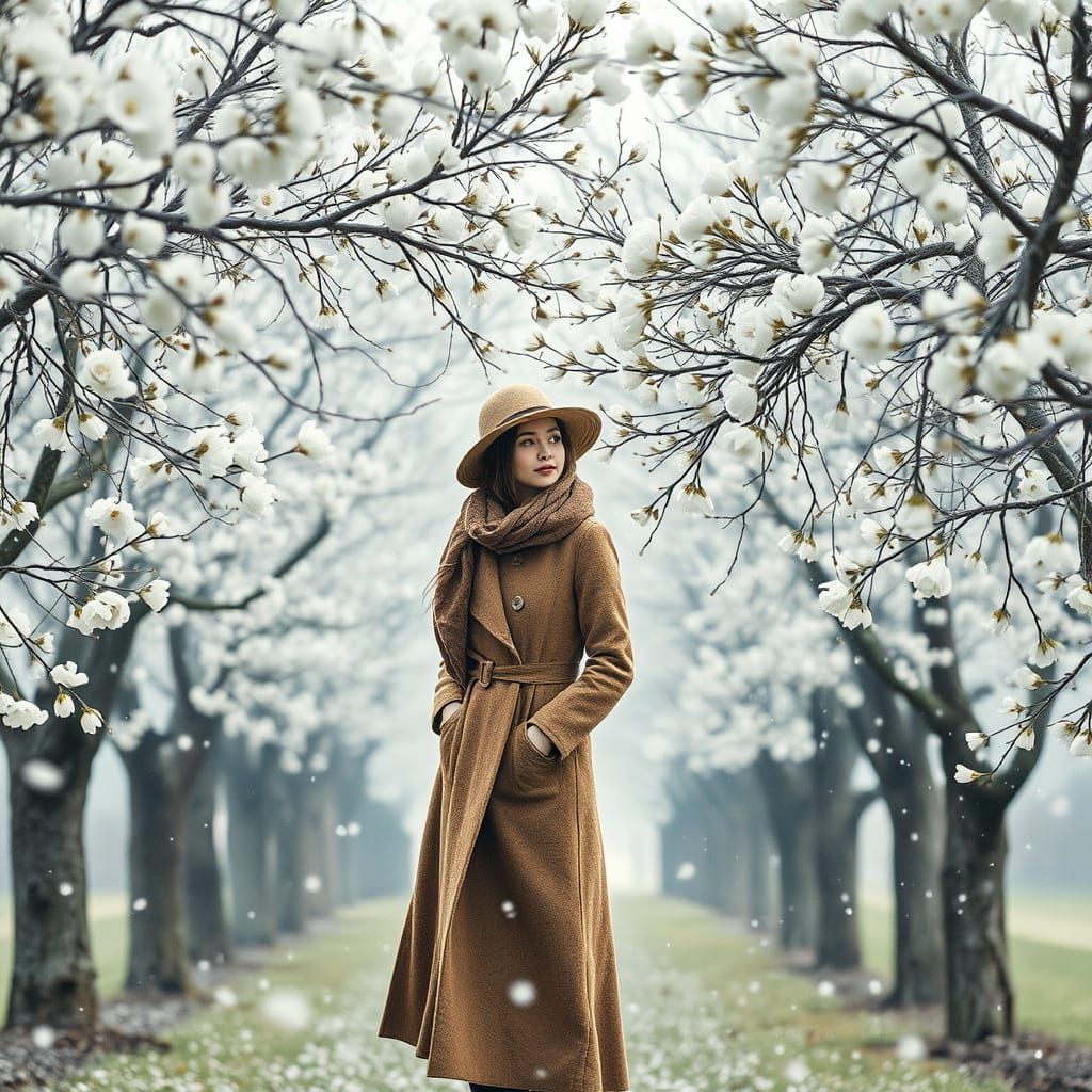 Woman Amidst Blooming Almond Trees in Soft Focus