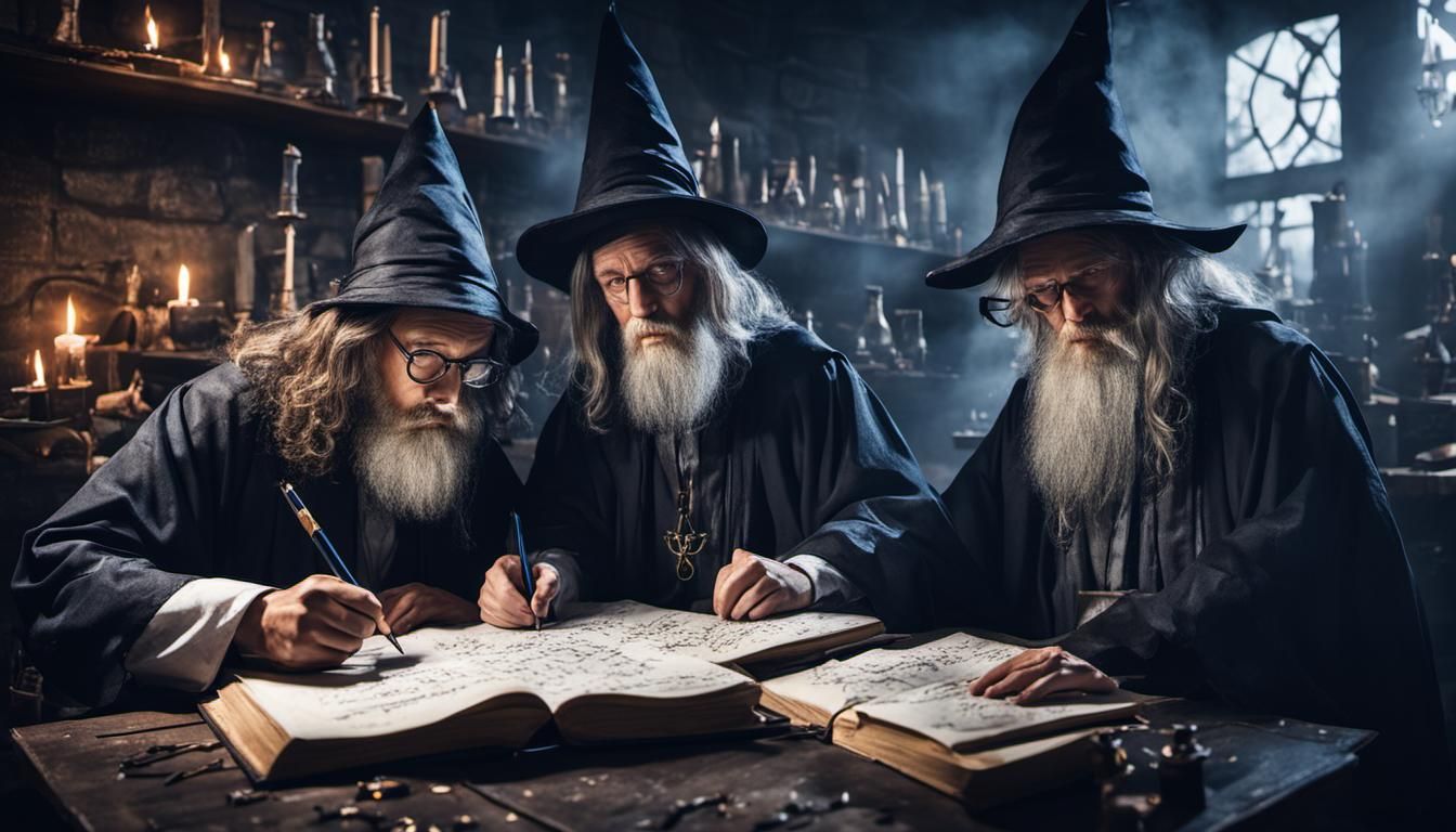 Wizards Back to School. Young wizards listen and take notes in the wizard master's laboratory. formulas, cauldrons and ...