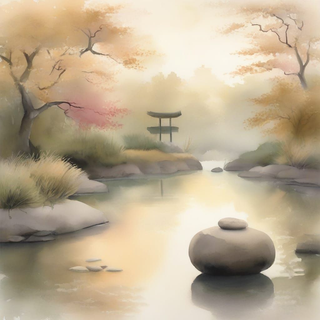 Tranquil Japanese Garden at Dawn in Watercolor