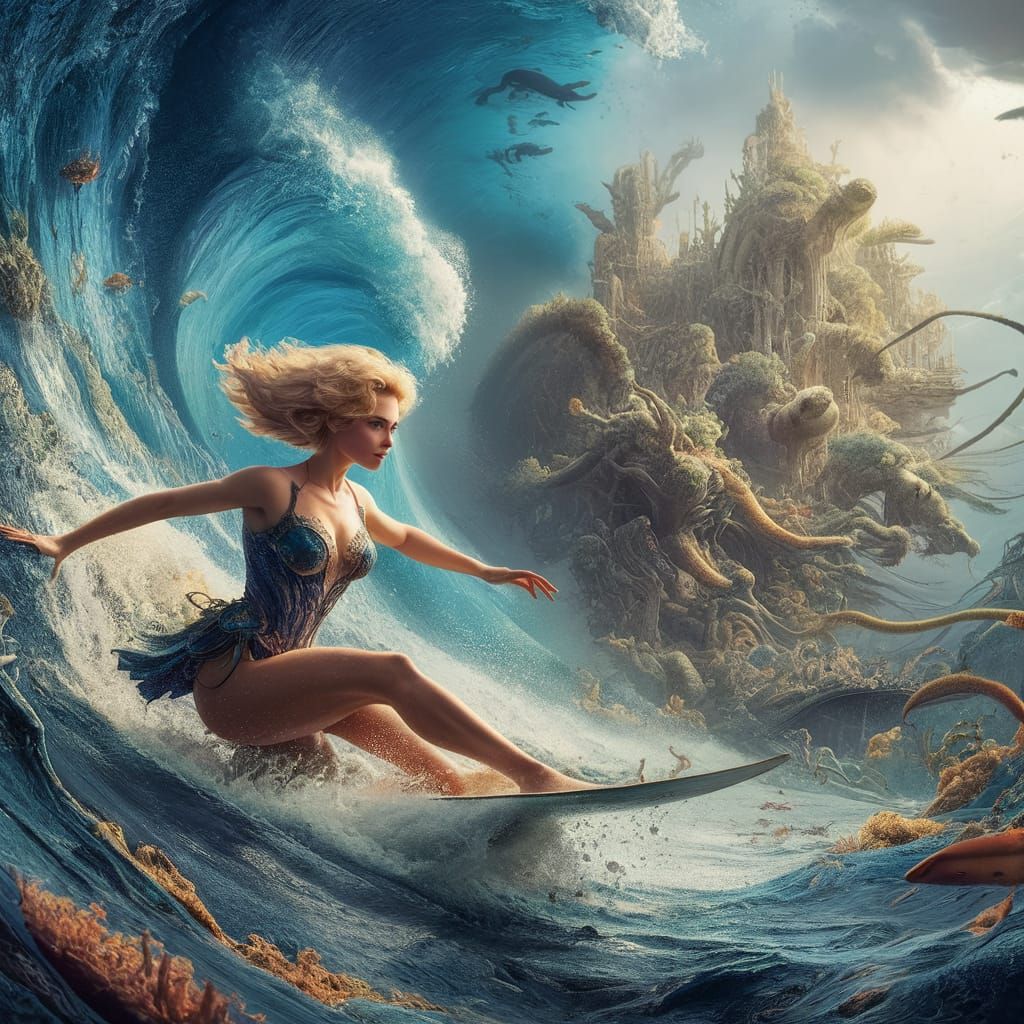 Underwater World with Surfing Woman: Digital Matte Painting