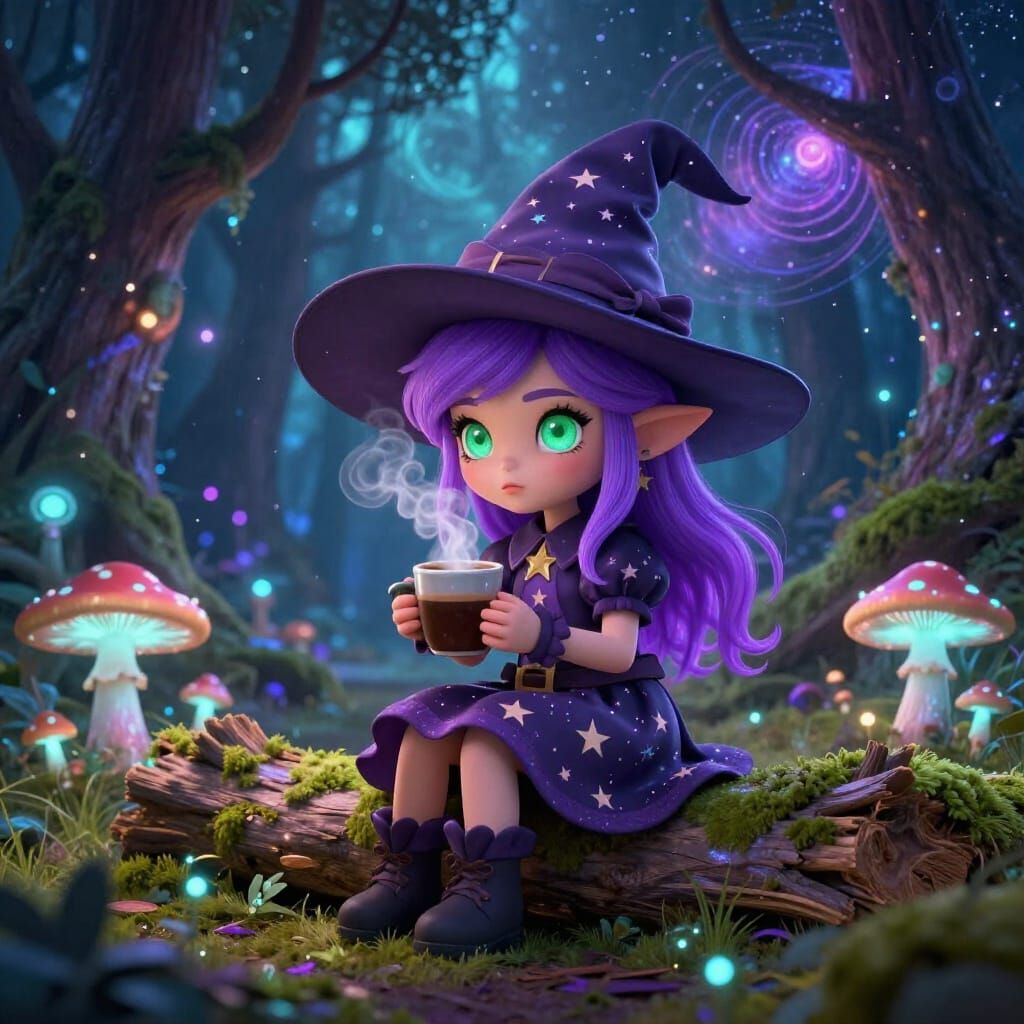 Witch with Coffee in Enchanted Forest