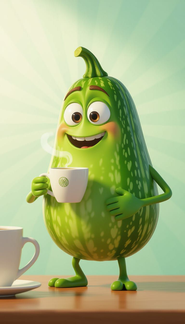 Cute Anthropomorphic Pumpkin Drinks Coffee in Kitchen