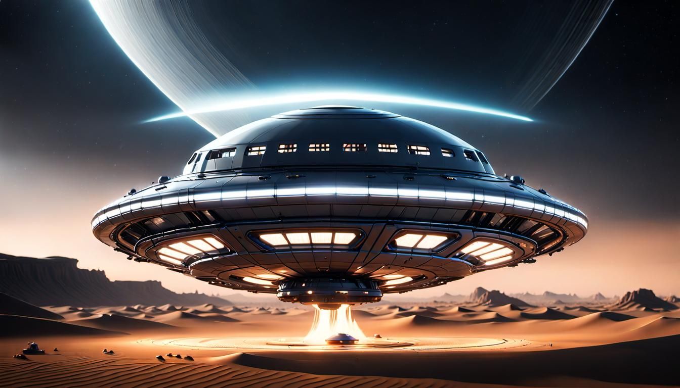 Silver UFO Flying Saucer over Desert at Midnight